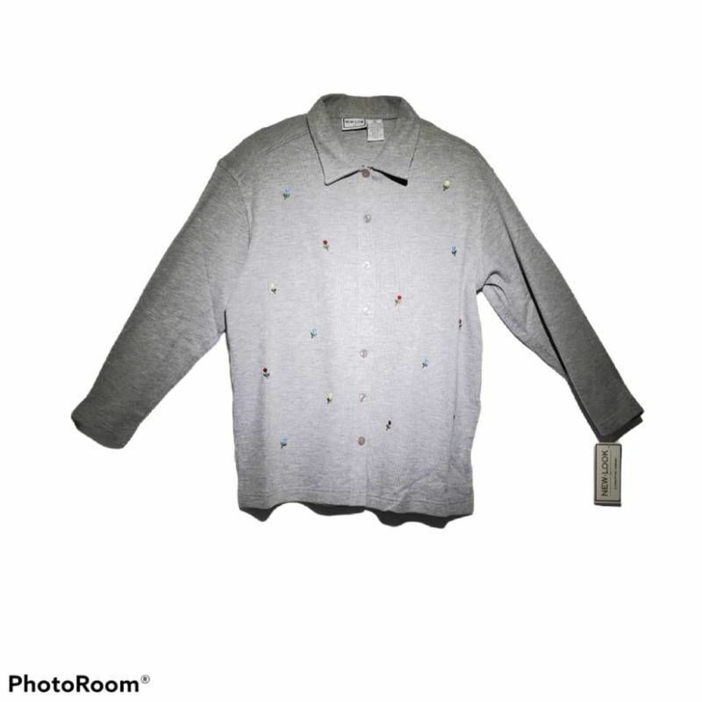 New Look Women's Button Front Shirt Gray Floral Heathered Embroidered Collared M